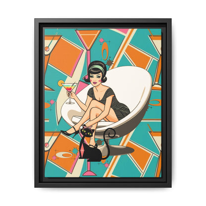Mid Mod 60s Gal, Atomic Cat Barware Wall Art - Framed Matte Canvas with Vintage Cocktail And Retro Cat Design - Mid Century Modern Gal