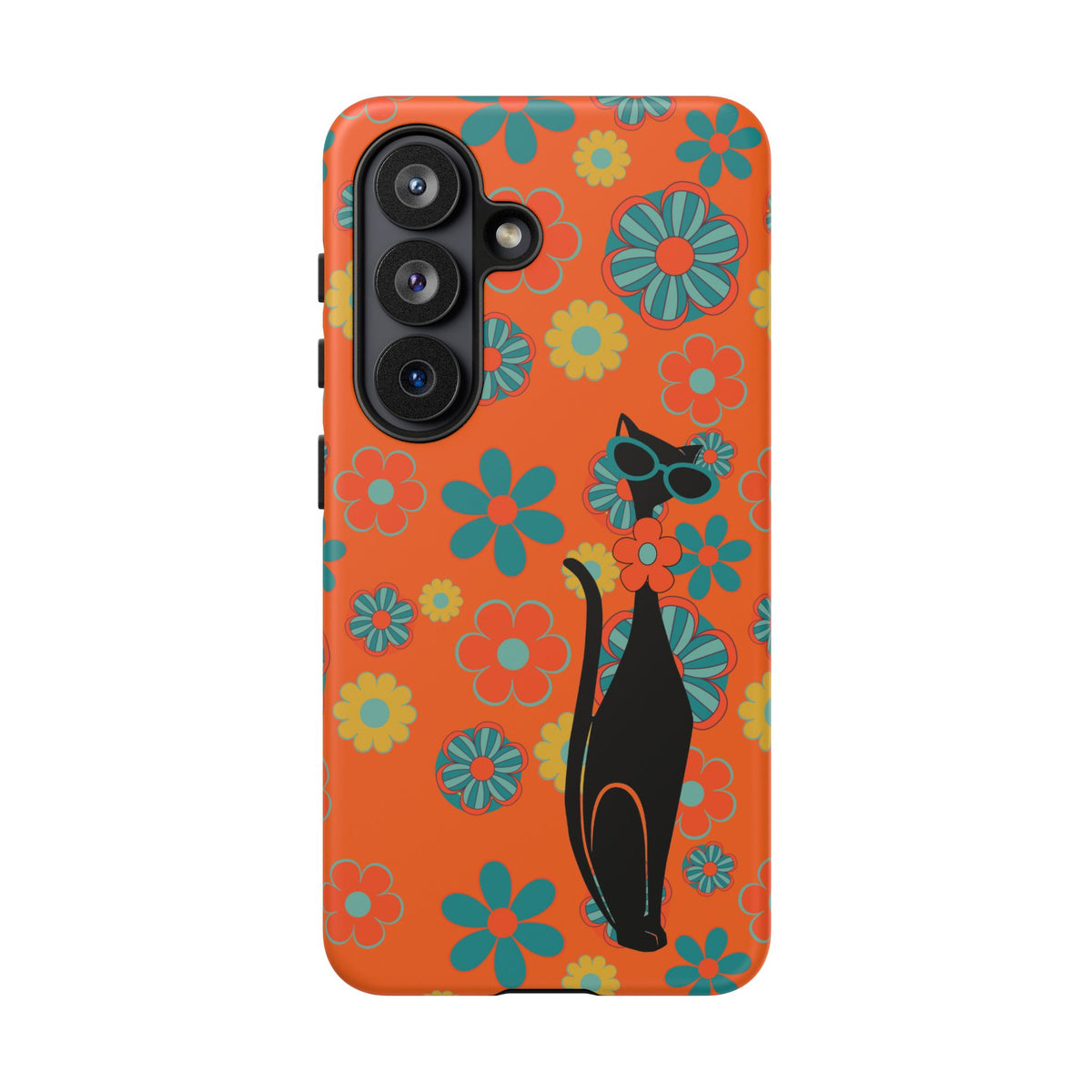 Flower Power, Retro Groovy Atomic Cat, Hipster Style Orange Samsung Galaxy and Google Pixel Tough Cases