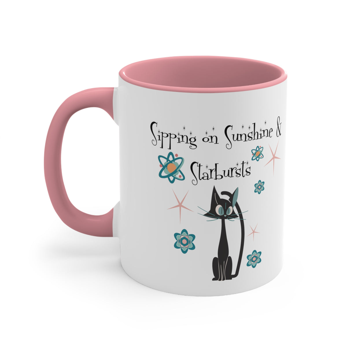 Atomic Cat Coffee Mug, Sipping On Sunshine, Mid Century Modern Style, Atoms, Starbursts Gifts For Couples, Mom, Mid Mod Friend - Mid Century Modern Gal