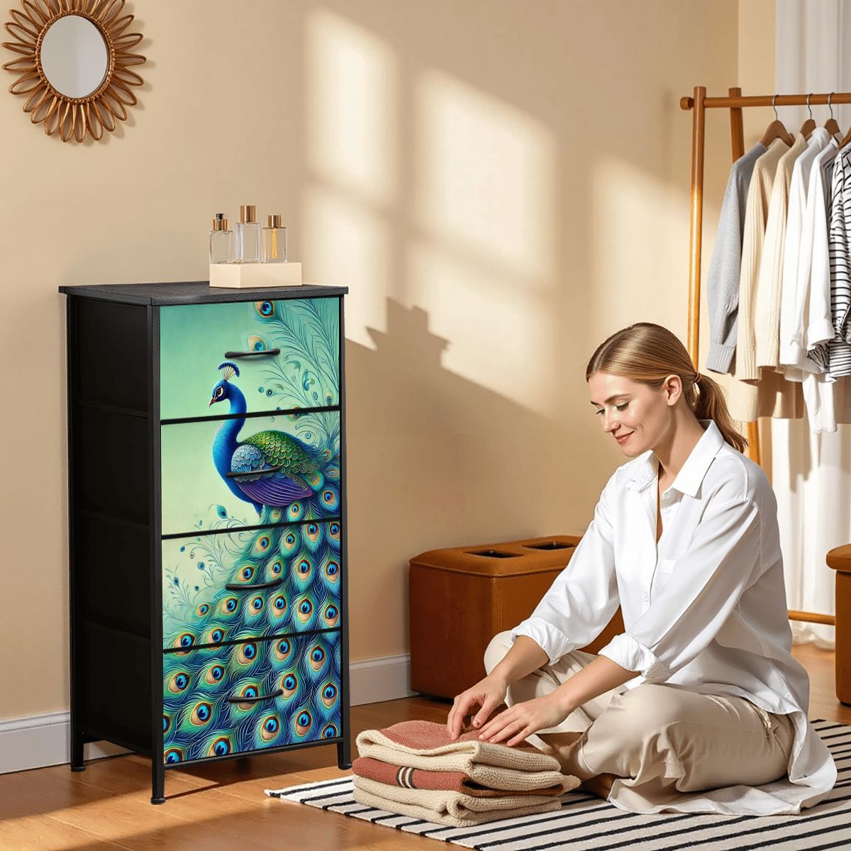 Peacock Watercolor Chinoiserie Designed Blue Green Modern 4-Drawer Dresser - Mid Century Modern Gal