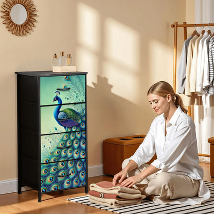 Peacock Watercolor Chinoiserie Designed Blue Green Modern 4-Drawer Dresser - Mid Century Modern Gal