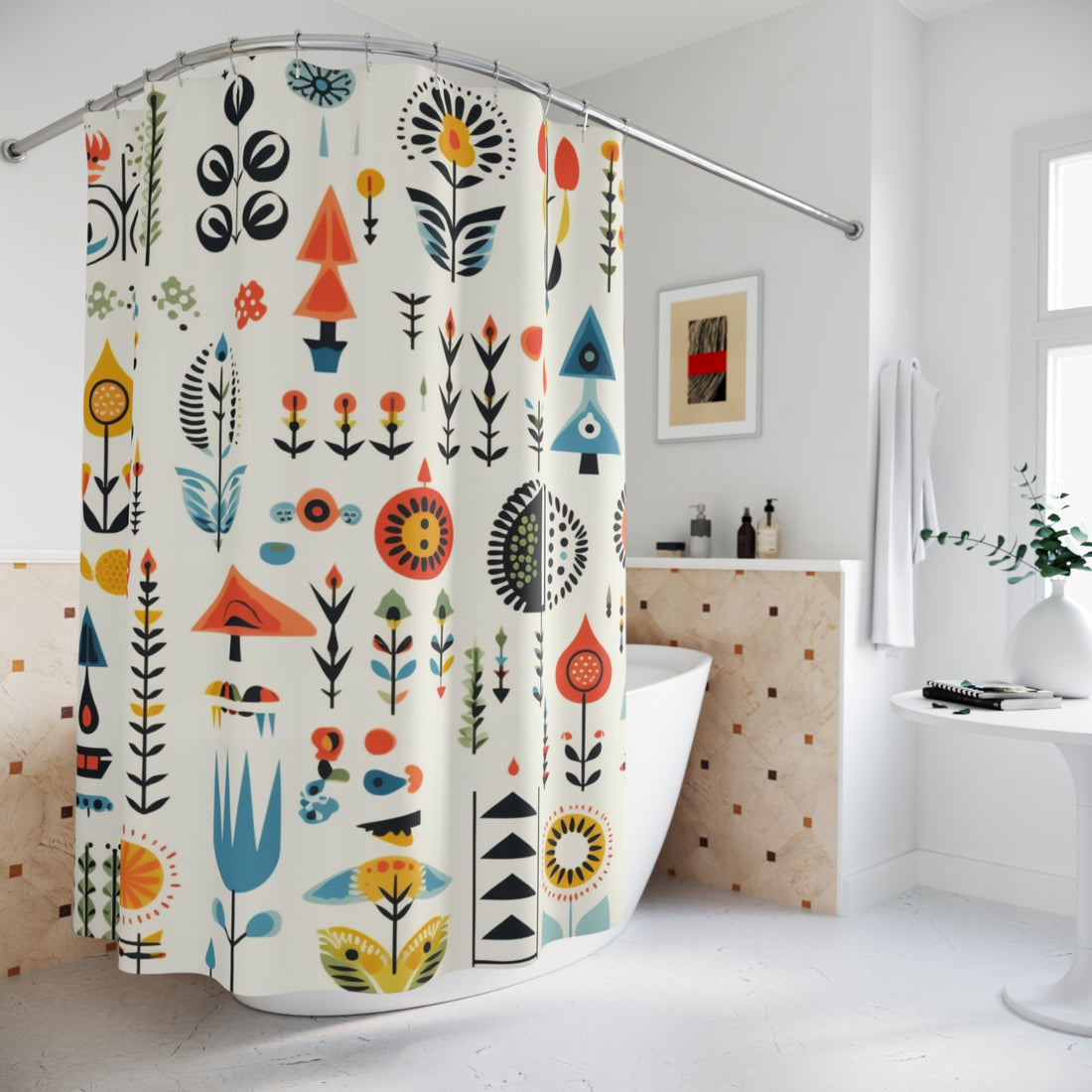 Scandinavian Nordic Bohemian Floral Shower Curtain - Nature-Inspired Bathroom Decor - Mid Century Modern Gal