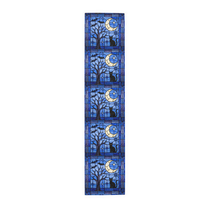 Halloween Stained Glass Style Night Sky Black Cat Table Runner