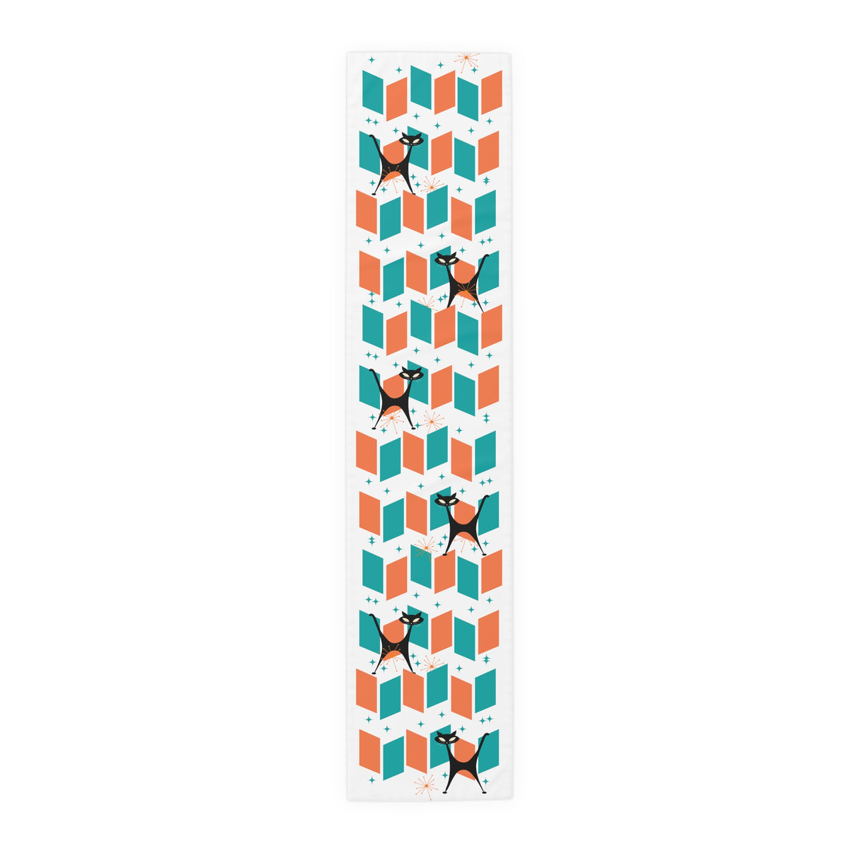 Atomic Cat Mid Mod Orange, Teal, Kitschy Retro Table Runner - Mid Century Modern Gal