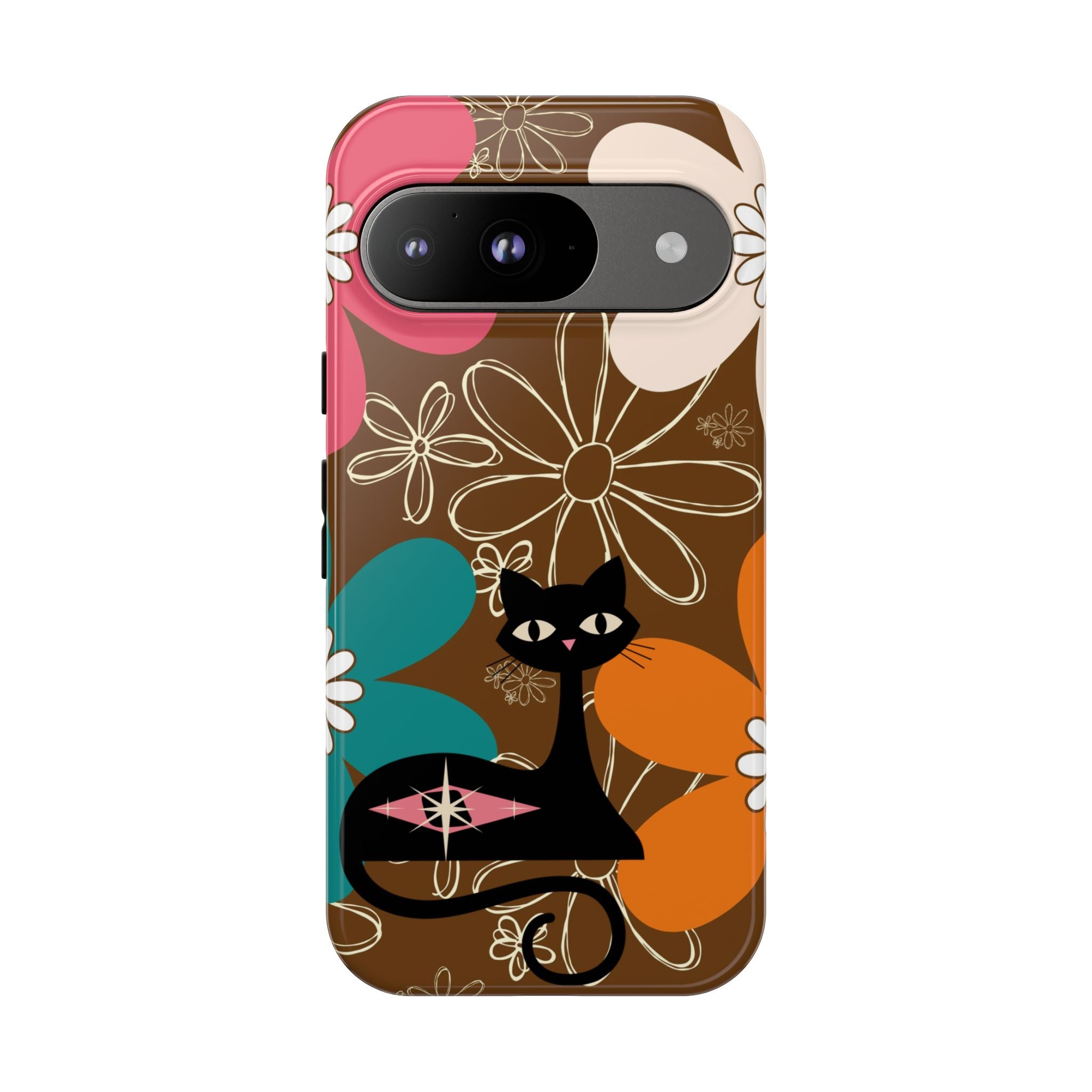 Atomic Cat Retro 70s Vibe Flower Power Tough Cases: Cute Floral and Cat Phone Case for Cat Lovers