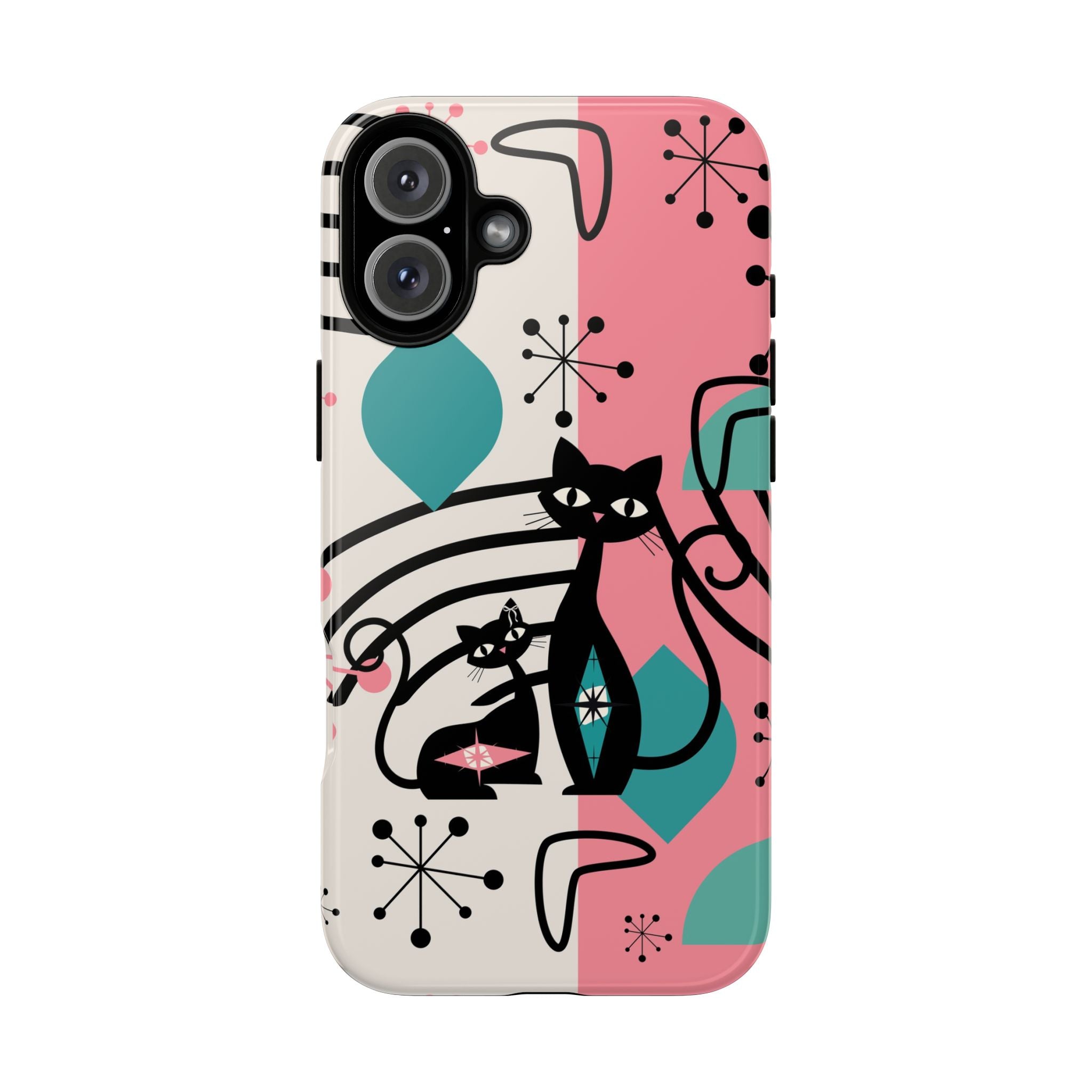 Mid Mod Atomic Cat Boomerang Starburst, Pink, Black Kitschy Stylish Cat Phone Case: Modern Design for Cat Lovers
