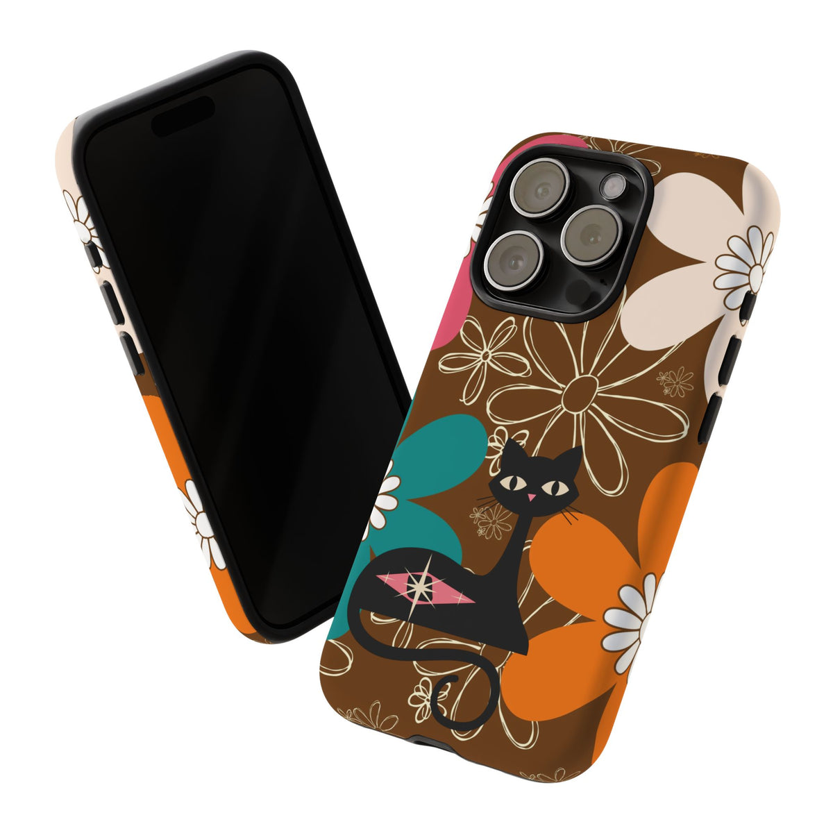 Atomic Cat Retro 70s Vibe Flower Power Tough Cases: Cute Floral and Cat Phone Case for Cat Lovers