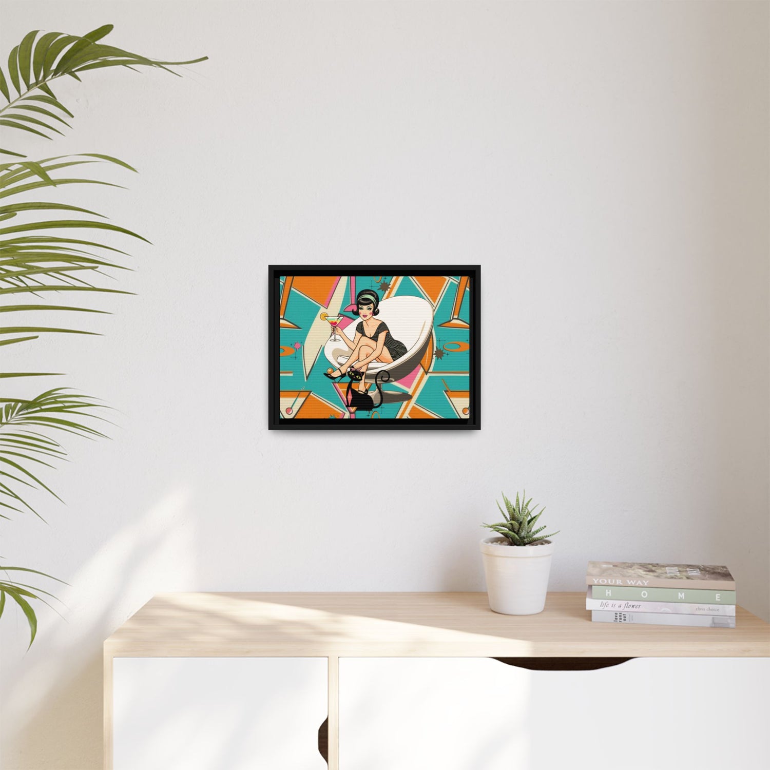 Mid Mod 60s Gal, Atomic Cat Barware Wall Art - Framed Matte Canvas with Vintage Cocktail And Retro Cat Design - Mid Century Modern Gal