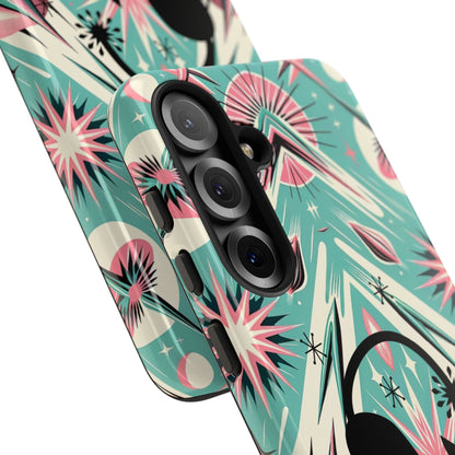 Atomic Cat, Mid Century Modern Aqua Blue, Pink, Starbursts Tough Phone Case