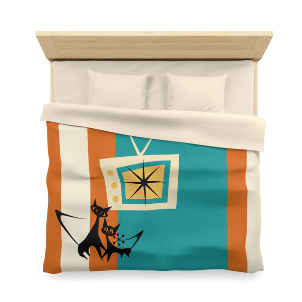 Atomic Cat Mid Century Modern Vintage Cat TV Microfiber Duvet Cover - Retro Home Décor