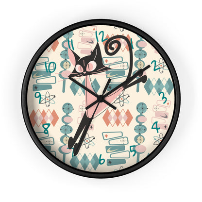 Atomic Cat Wall Clock, Mid Century Modern Kitschy Kitchen, Bedroom Livingroom Clocks