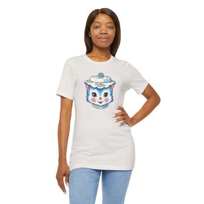 Mid Century Modern Kitschy Anthropomorphic Blue Cat with Floral Hat Unisex T-Shirt