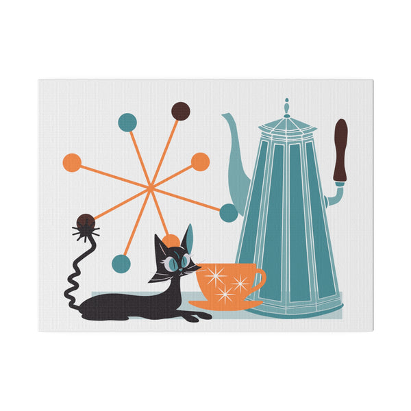 Atomic Cat Kitschy Kitchen Coffee Lover, Black Cat Lover Kitchen Mid Century Modern Wall Art