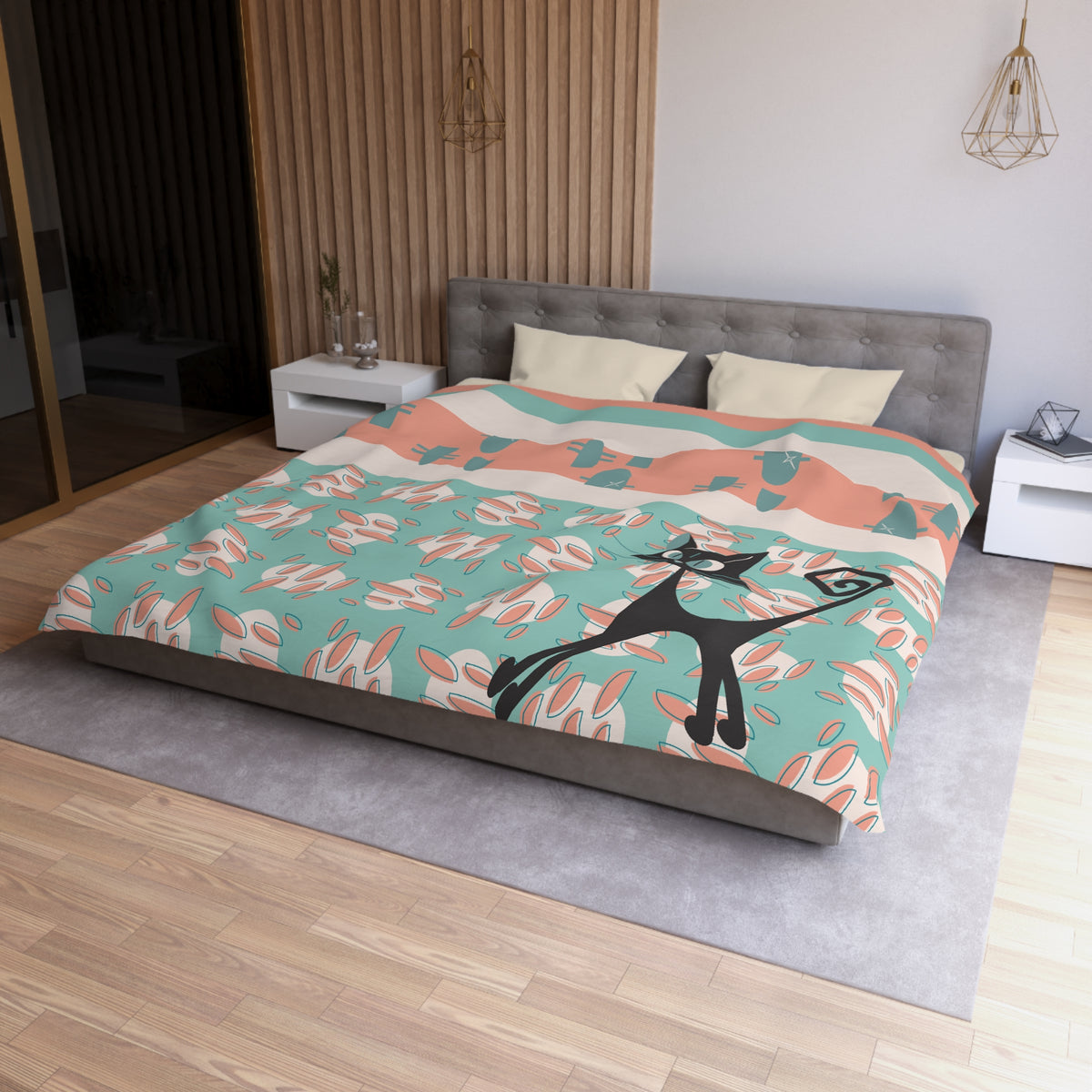 50s Nostalgic Atomic Cat Mid Century Modern Aqua, Coral Pink Peach, Kitschy Mid Century Modern  Duvet Cover - Mid Century Modern Gal