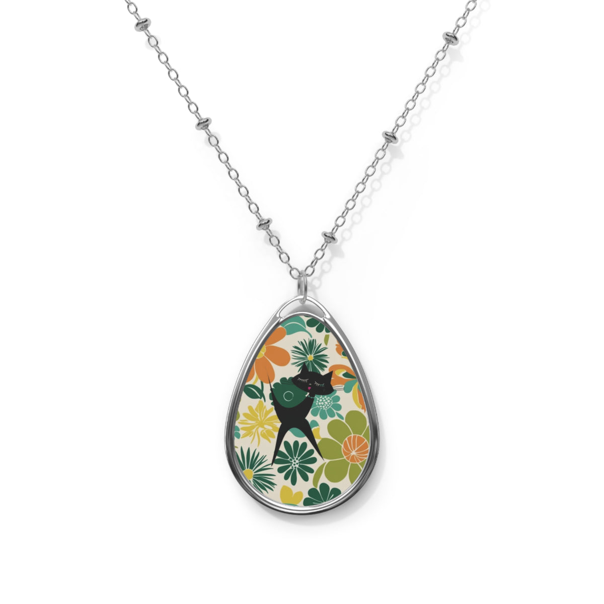 Retro 70s Flower Power Atomic Cat Mid Mod Floral Teardrop Oval Necklace - Mid Century Modern Gal