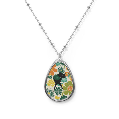 Retro 70s Flower Power Atomic Cat Mid Mod Floral Teardrop Oval Necklace - Mid Century Modern Gal