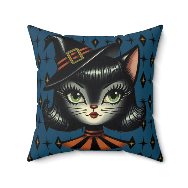 Vintage Halloween Black Cat Sexy Sexton Mid Century Modern Blue Pillow Cover and Insert