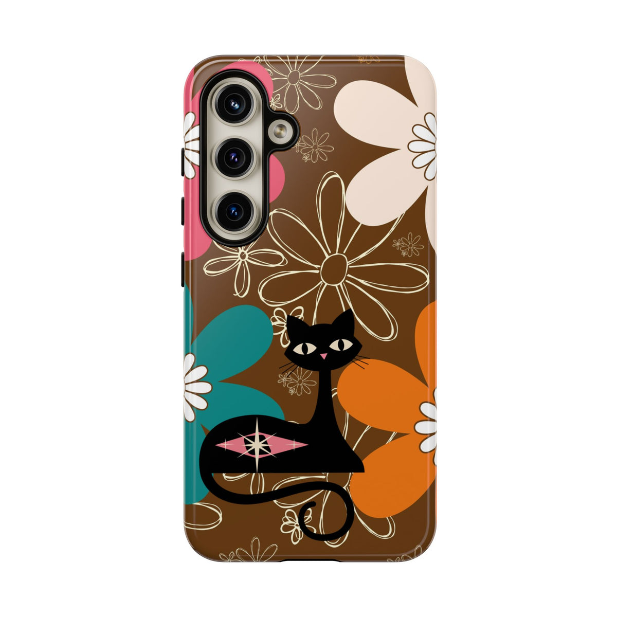 Atomic Cat Retro 70s Vibe Flower Power Tough Cases: Cute Floral and Cat Phone Case for Cat Lovers - Mid Century Modern Gal