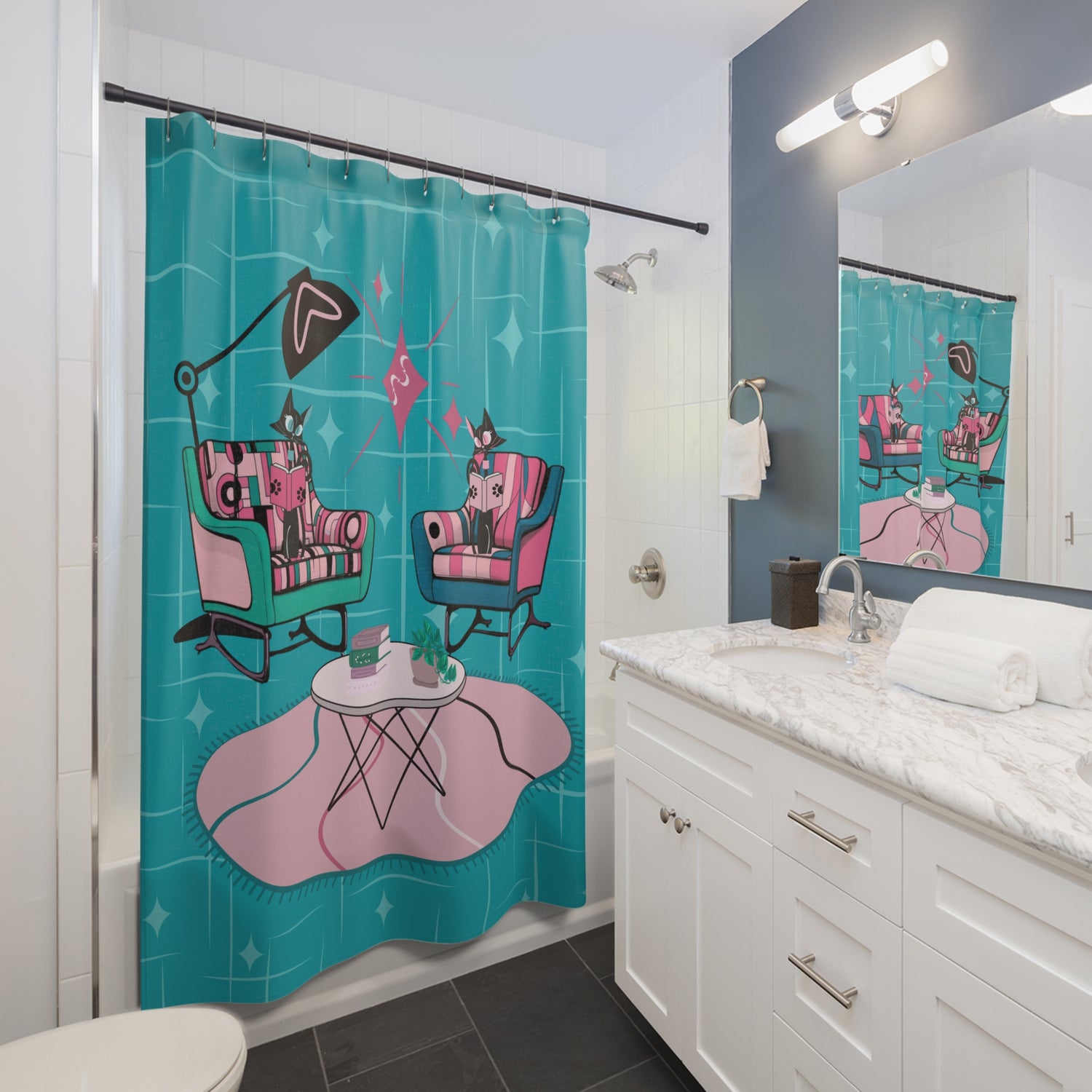 Mid-Century Modern Shower Curtain - Retro Cat Design For Book Lover, Book Club Gals Stylish Bathrooms - Mid Century Modern Gal