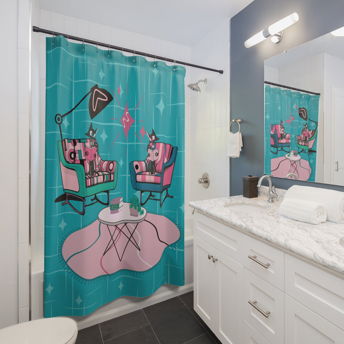 Mid-Century Modern Shower Curtain - Retro Cat Design For Book Lover, Book Club Gals Stylish Bathrooms - Mid Century Modern Gal