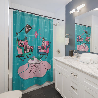 Mid-Century Modern Shower Curtain - Retro Cat Design For Book Lover, Book Club Gals Stylish Bathrooms - Mid Century Modern Gal