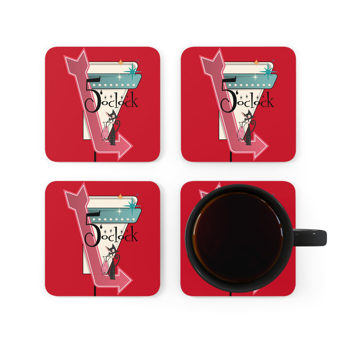 Mid Century Modern Atomic Cat, Kitschy Retro Red, Palm Spring Cali Style Corkwood Coaster Set