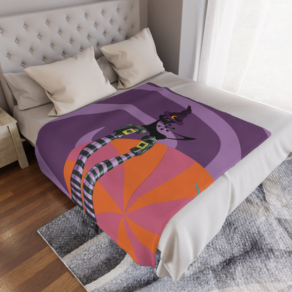 Retro Halloween Atomic Cat Kitschy Witch, Mod Purple, Orange MCM Minky Blanket