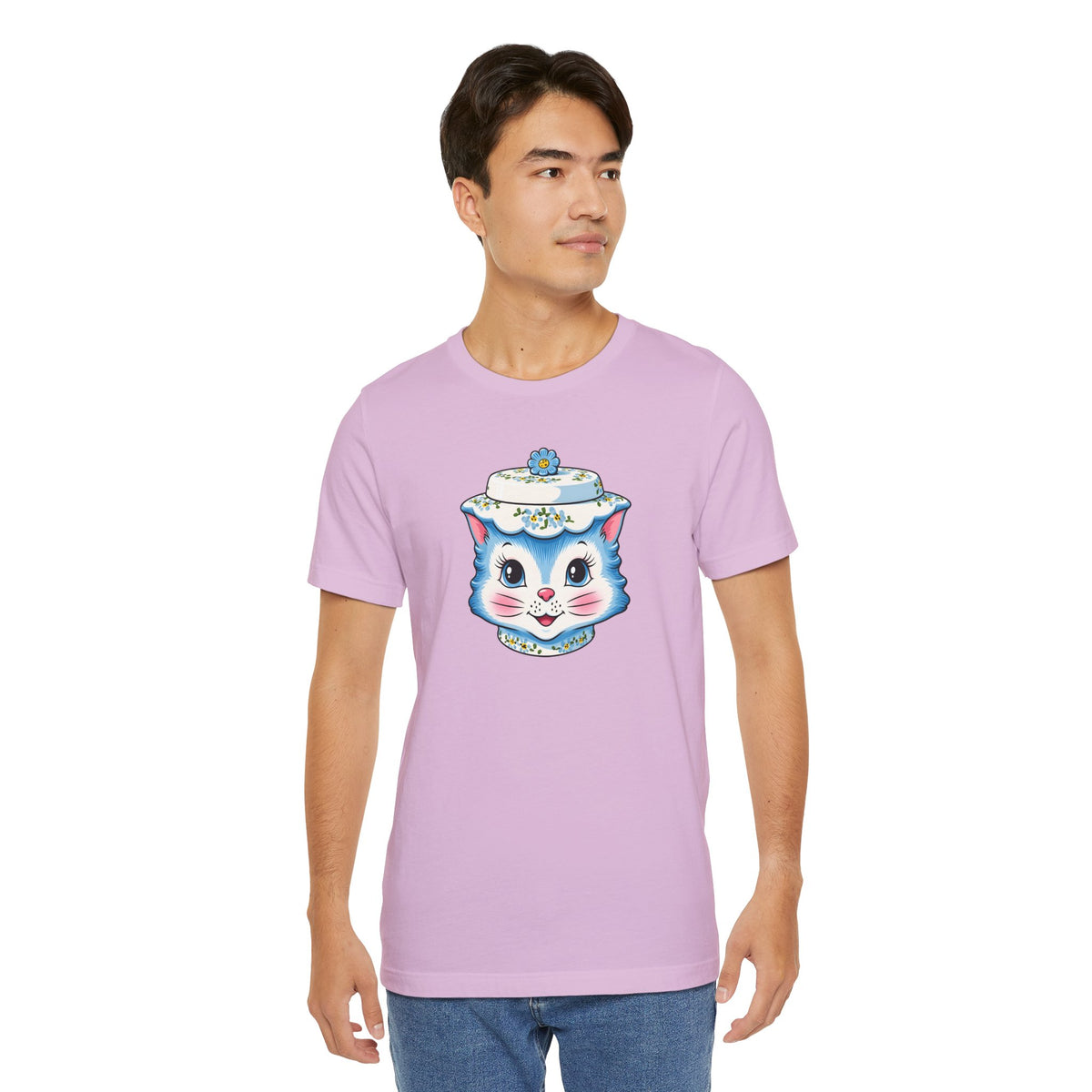 Mid Century Modern Kitschy Anthropomorphic Blue Cat with Floral Hat Unisex T-Shirt