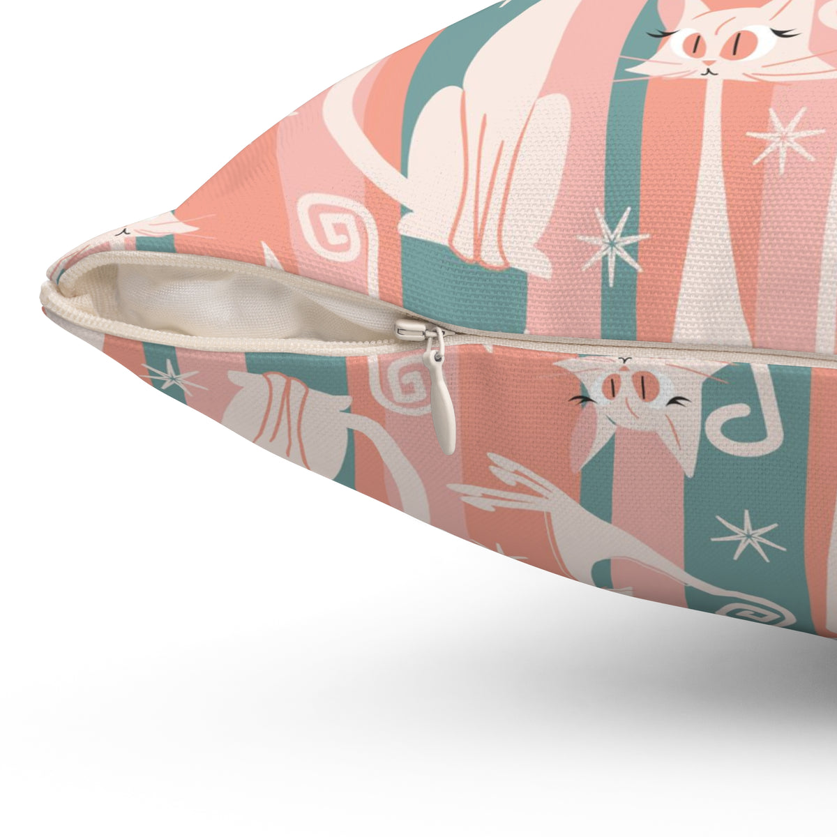 Atomic Cat Coral Pink And Aqua, Kitschy White Kitty Cat, Mid Century Modern Pillow And Insert - Mid Century Modern Gal