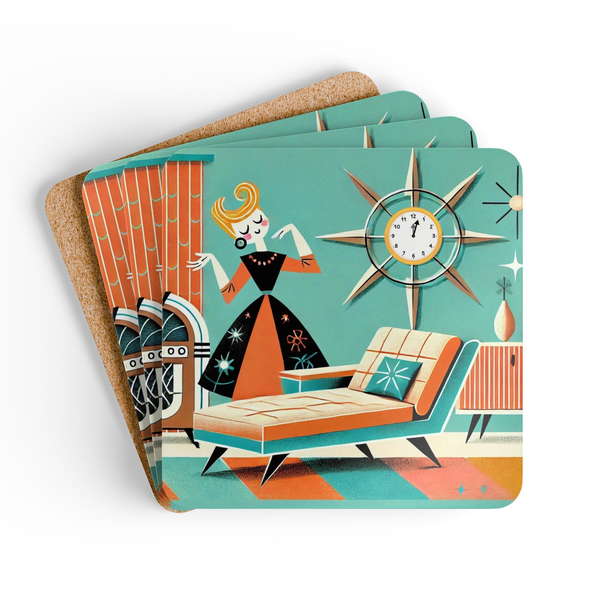 Retro Vintage Corkwood Coaster Set - Mid-Century Modern Home Decor - Mid Century Modern Gal