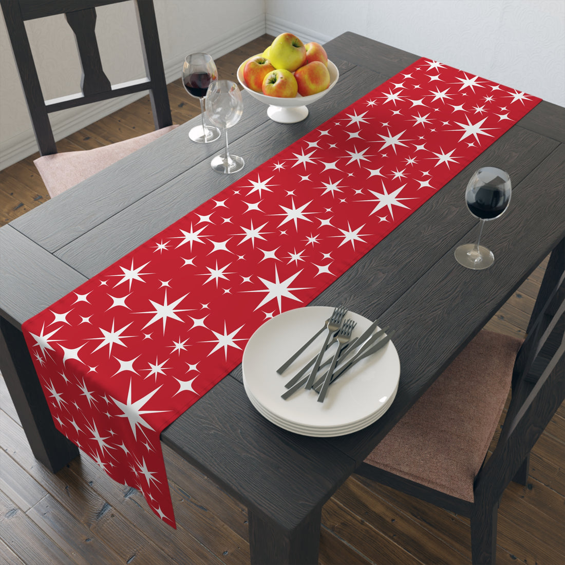 50s Atomic Starburst, Red Holiday Kitsch, Mid Century Modern Designed Table Runner