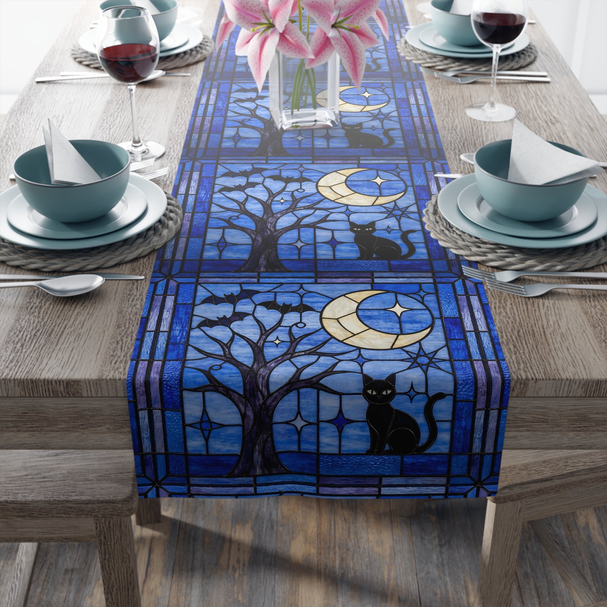 Halloween Stained Glass Style Night Sky Black Cat Table Runner