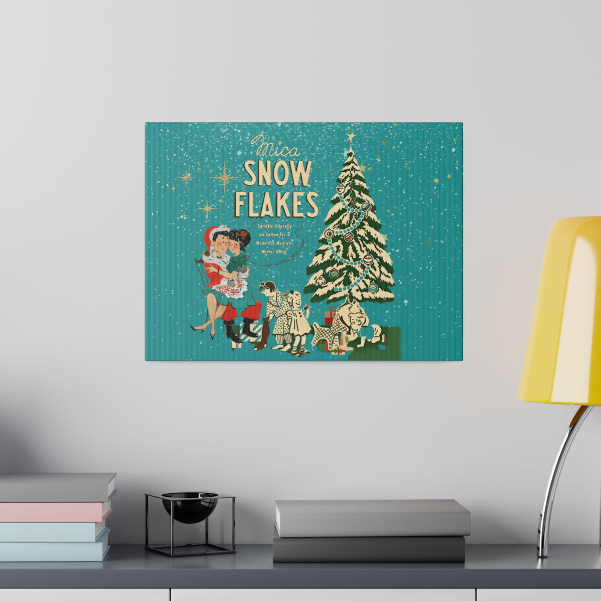 Mid Century Modern Kitschy Christmas Mantel Wall Art, Teal Blue, Mica Snow 50s Mod Couple Christmas Scene Canvas Art - Mid Century Modern Gal