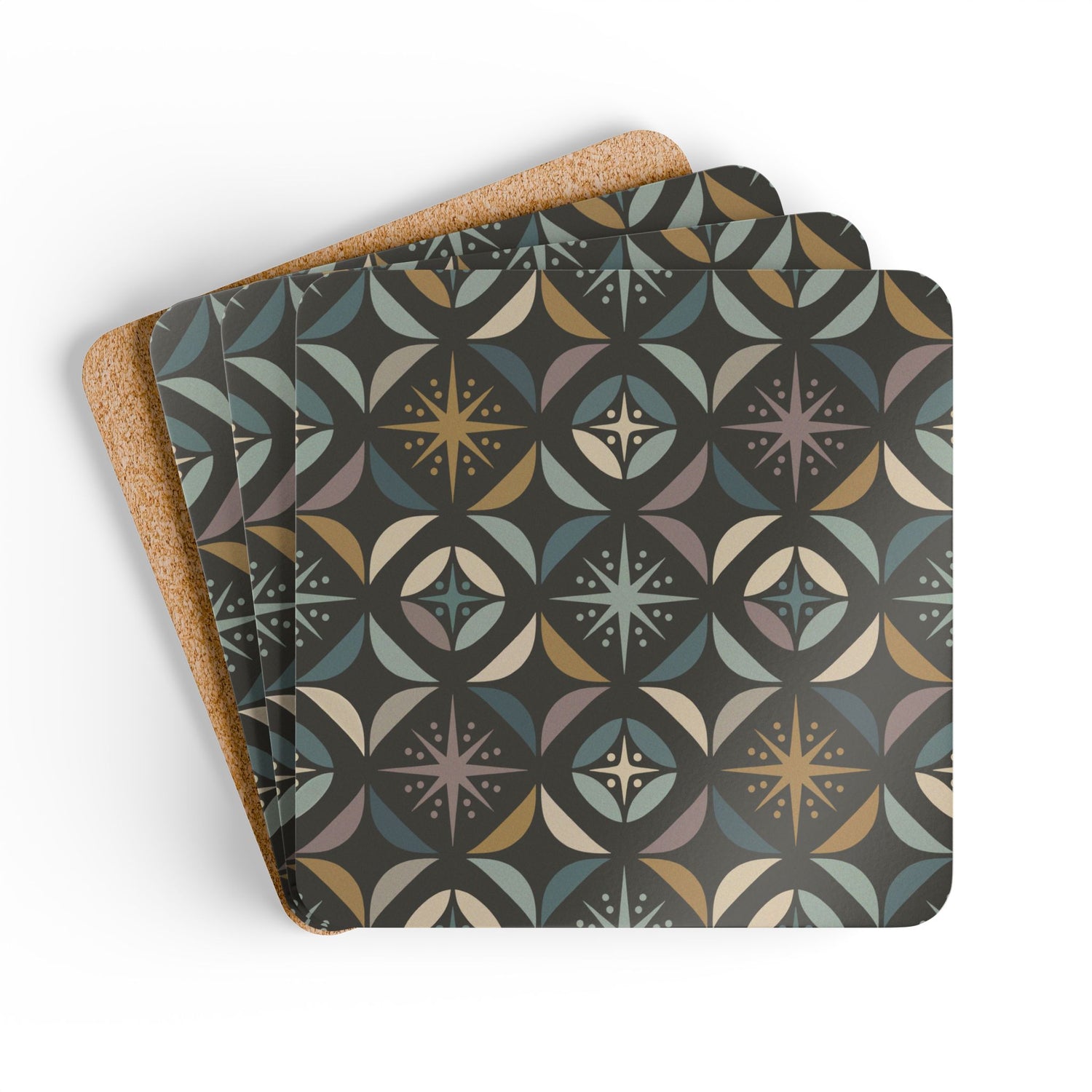 Mid Century Modern Elegant Gray Geometric Starburst Corkwood Coaster Set - Mid Century Modern Gal