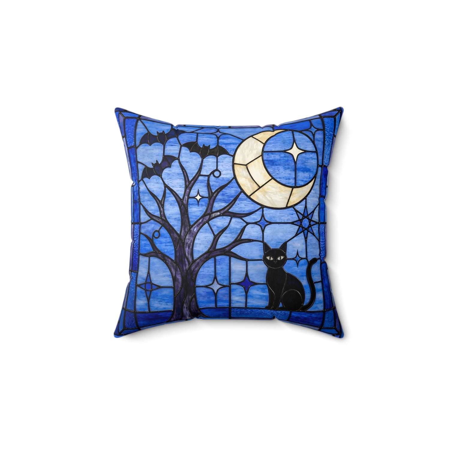 Halloween Stained Glass Inspired Night Sky Black Cat Pillow Cover and Insert - Mid Century Modern Gal