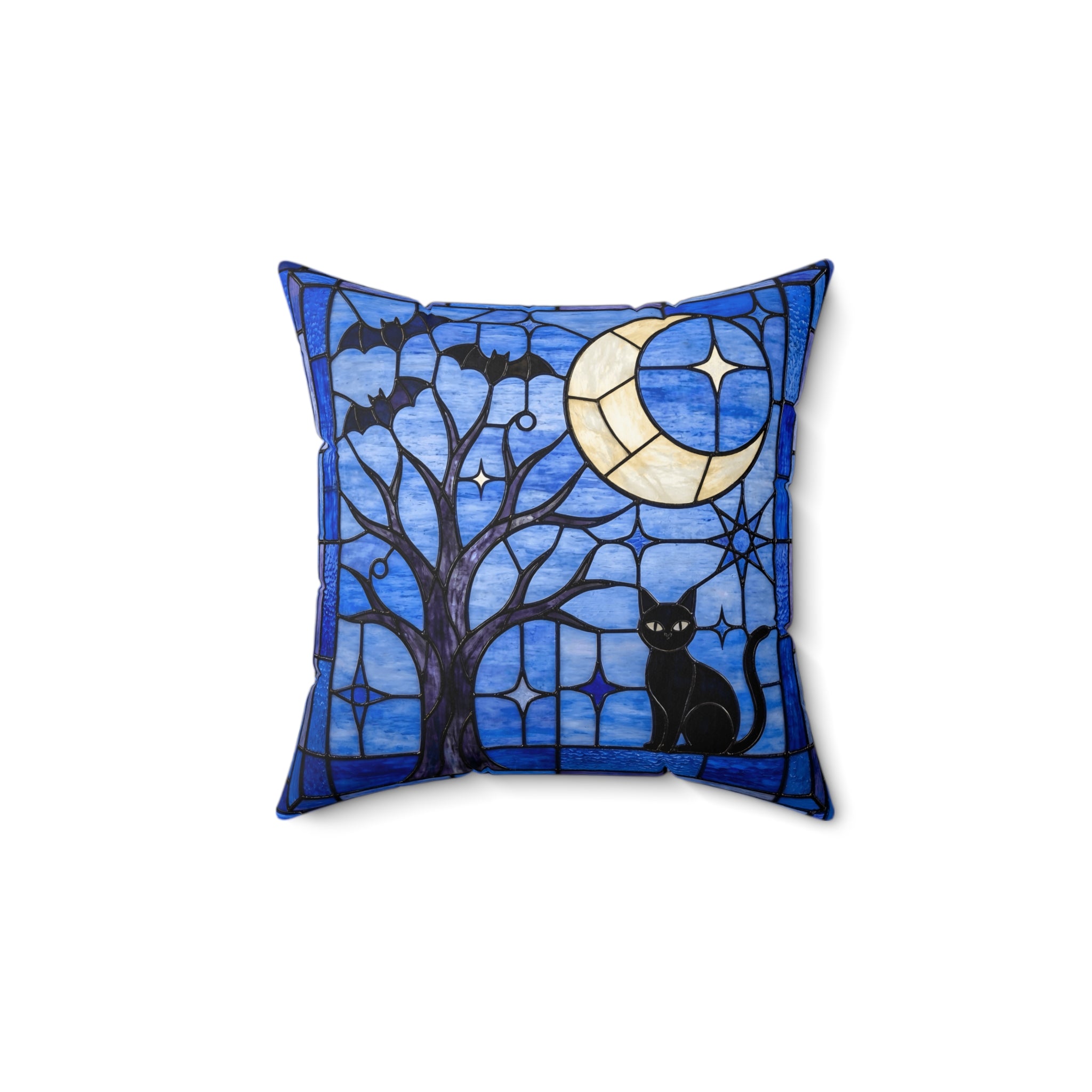 Halloween Stained Glass Inspired Night Sky Black Cat Pillow Cover and Insert - Mid Century Modern Gal