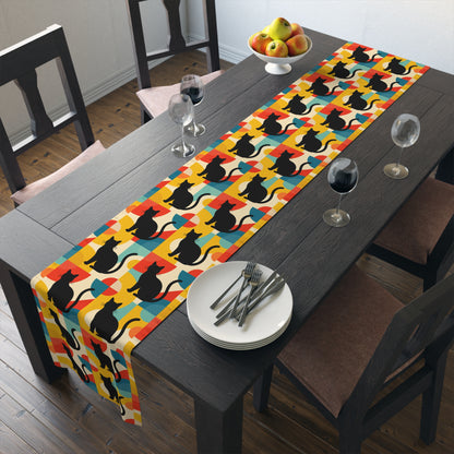 Pop Art Black Atomic Cats, Red Blue Yellow, Table Runner - Mid Century Modern Gal
