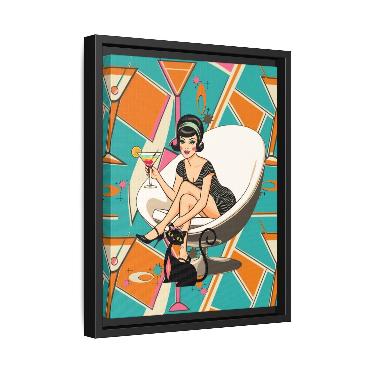 Mid Mod 60s Gal, Atomic Cat Barware Wall Art - Framed Matte Canvas with Vintage Cocktail And Retro Cat Design - Mid Century Modern Gal