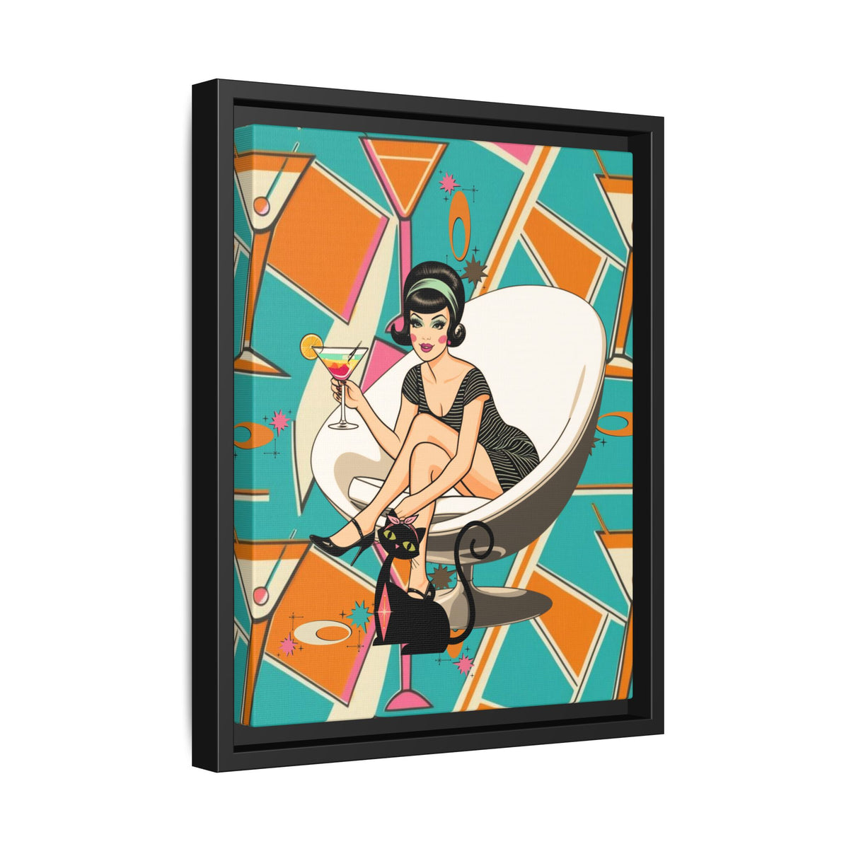 Mid Mod 60s Gal, Atomic Cat Barware Wall Art - Framed Matte Canvas with Vintage Cocktail And Retro Cat Design - Mid Century Modern Gal