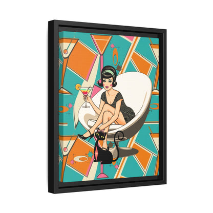 Mid Mod 60s Gal, Atomic Cat Barware Wall Art - Framed Matte Canvas with Vintage Cocktail And Retro Cat Design - Mid Century Modern Gal