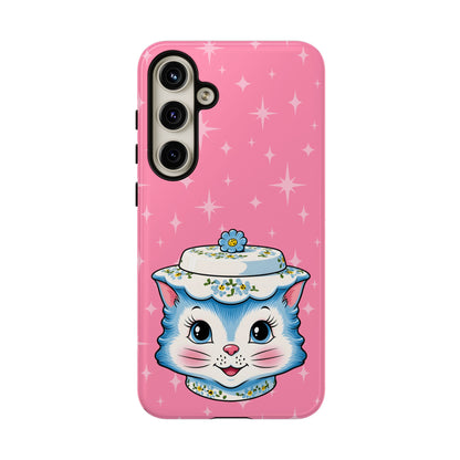Mid Century Modern Kitschy Anthropomorphic Blue Cat with Floral Hat Tough Phone Case