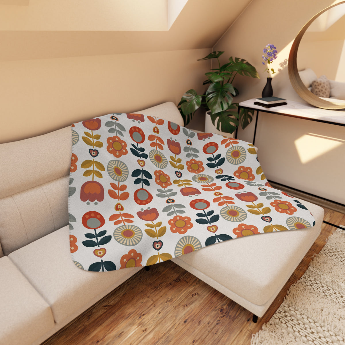 Retro Scandinavian Modern Danish Cozy Floral Tan Sherpa Blanket - Soft Throw Blanket for Home Decor & Gifts - Mid Century Modern Gal