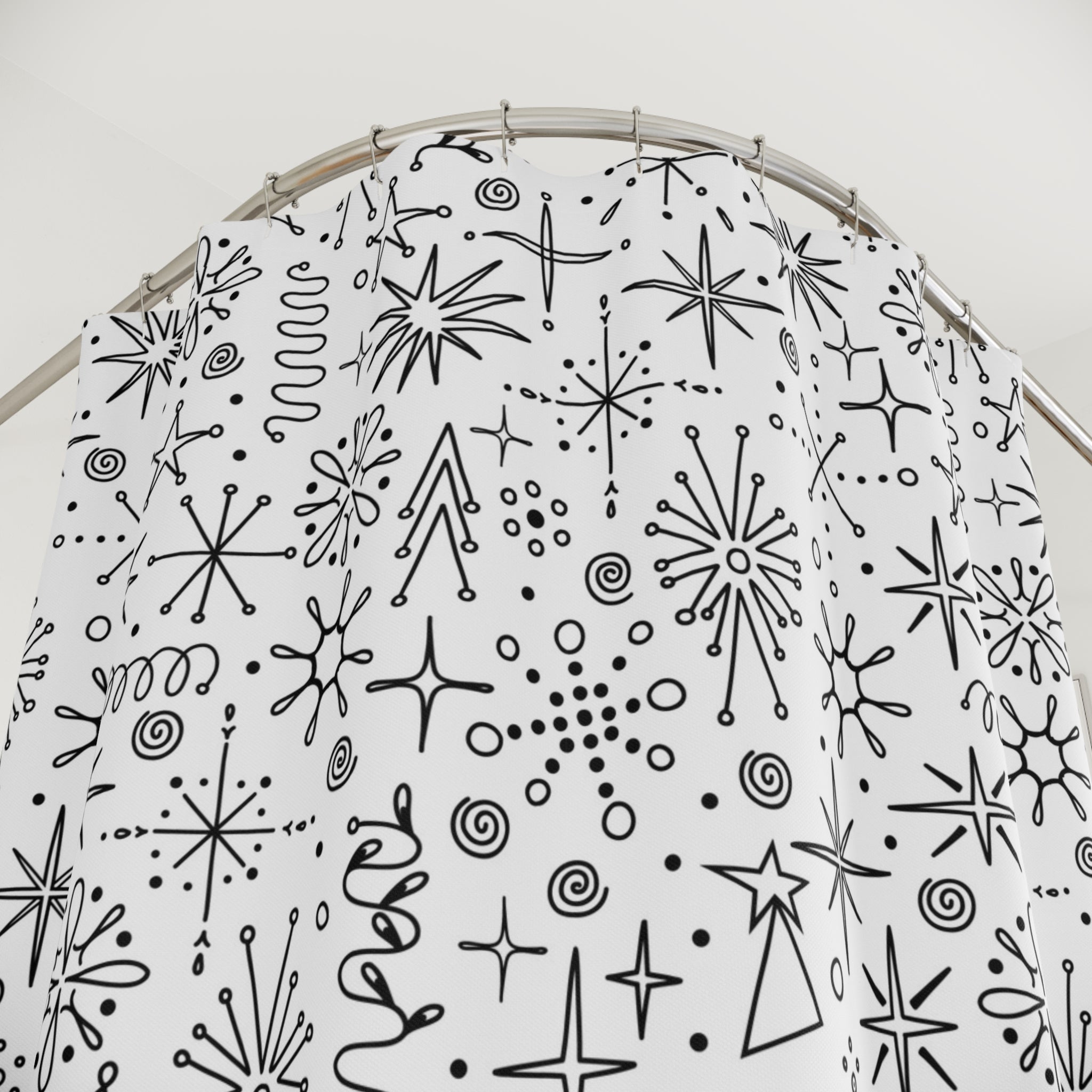 Atomic Space Doodle Art Retro Mod Shower, Black And White Shower Curtain