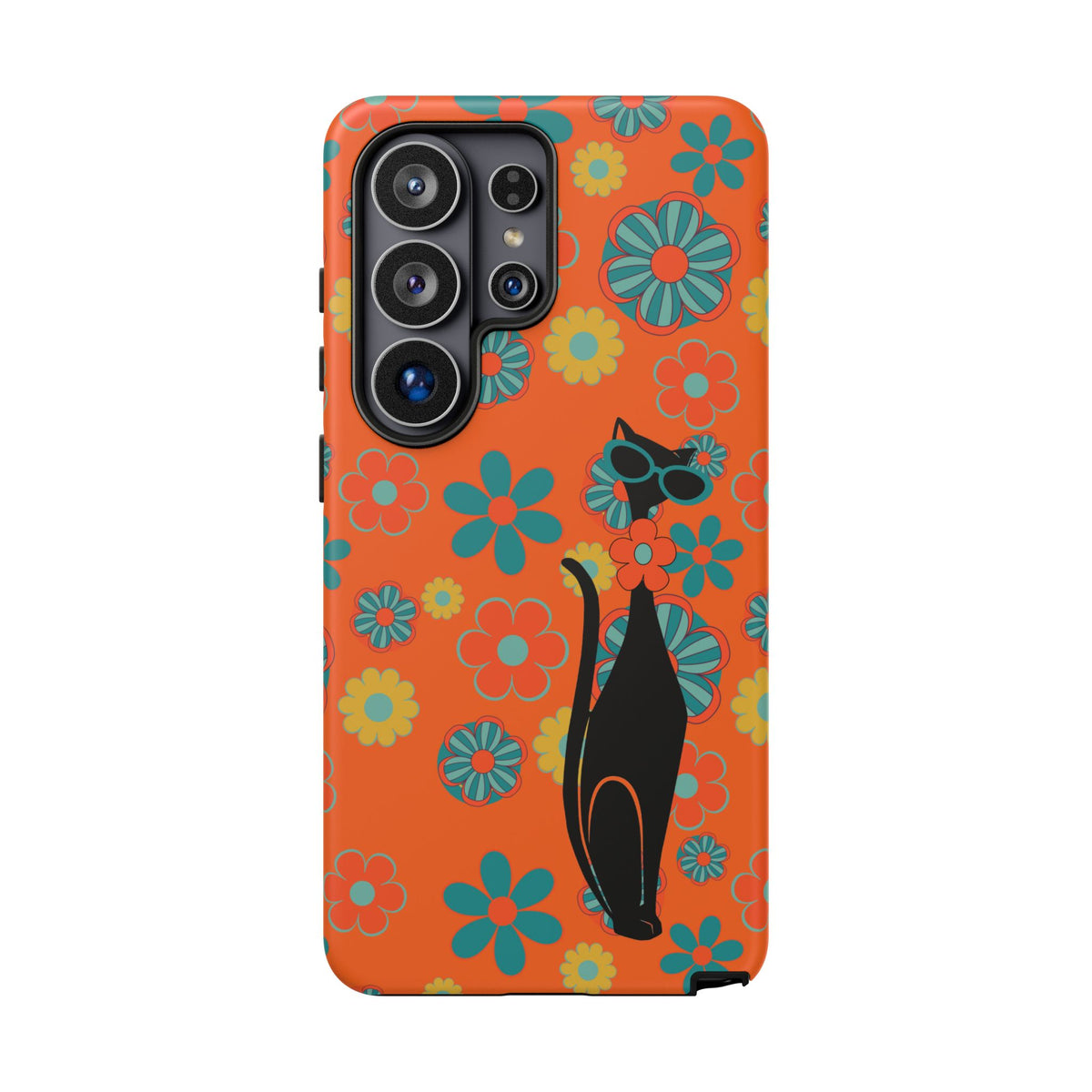 Flower Power, Retro Groovy Atomic Cat, Hipster Style Orange Samsung Galaxy and Google Pixel Tough Cases