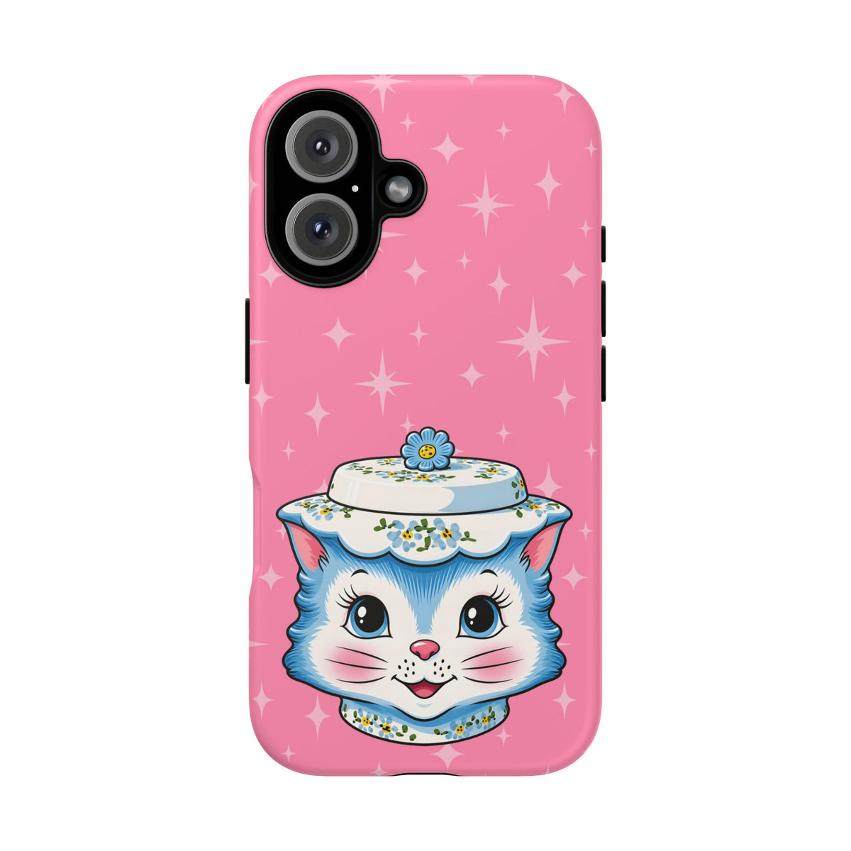 Mid Century Modern Kitschy Anthropomorphic Blue Cat with Floral Hat Tough Phone Case