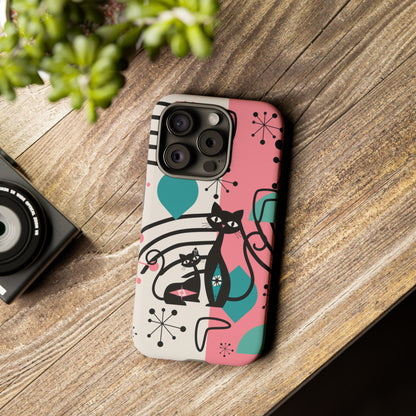 Mid Mod Atomic Cat Boomerang Starburst, Pink, Black Kitschy Stylish Cat Phone Case: Modern Design for Cat Lovers