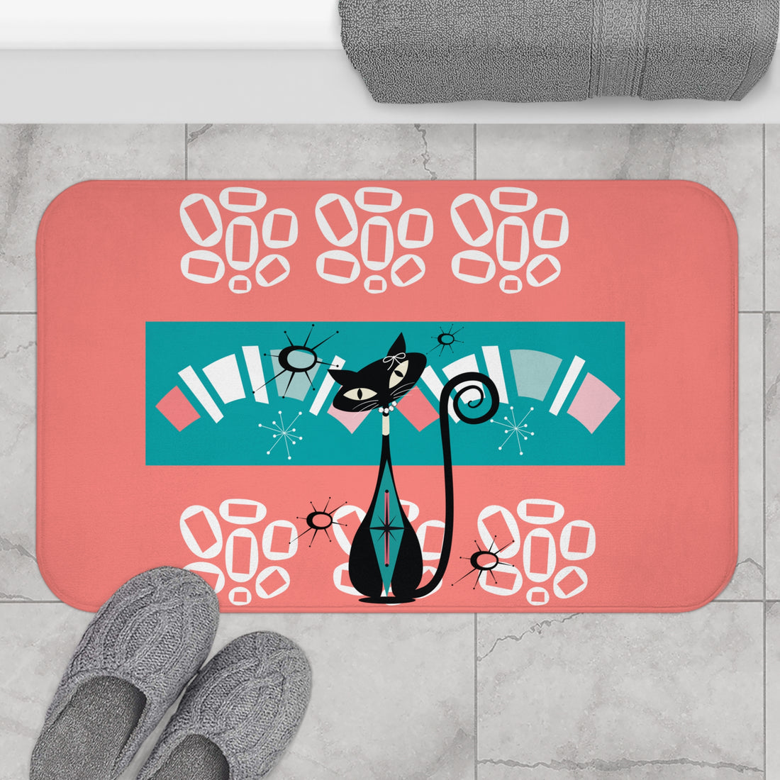 Atomic Cat Coral, Teal Kitschy Cute Mid Century Modern Bath Mat - Mid Century Modern Gal