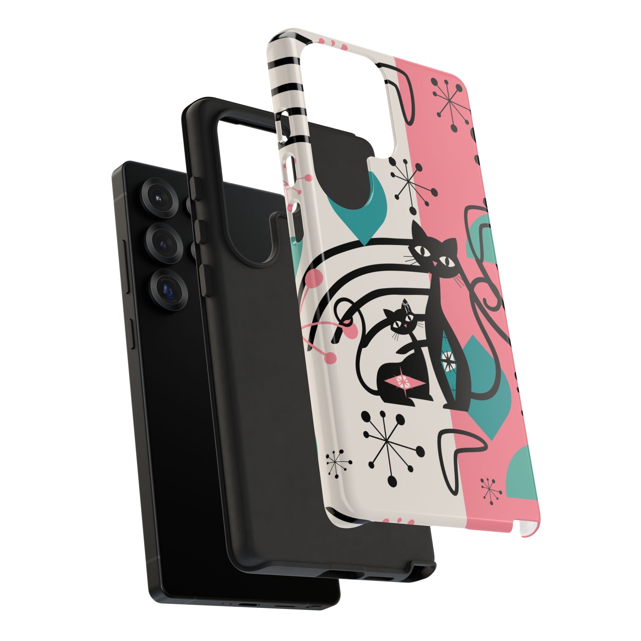 Mid Mod Atomic Cat Boomerang Starburst, Pink, Black Kitschy Stylish Cat Phone Case: Modern Design for Cat Lovers