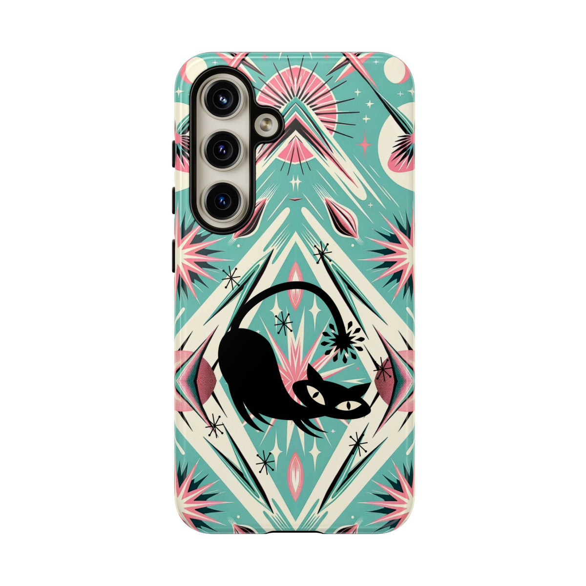 Atomic Cat, Mid Century Modern Aqua Blue, Pink, Starbursts Tough Phone Case