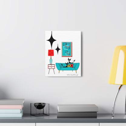 Mid Century Modern Wall Art, Atomic Cat Living Room Retro. Teal Blue, Red, Black Canvas Art